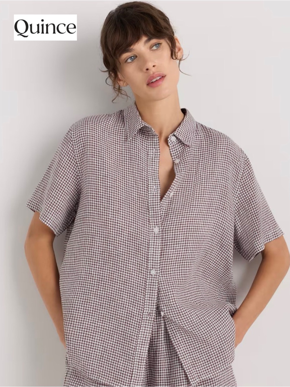 Quice 100% European Linen Shorts Pajama Top Taupe Brown Gingham XL